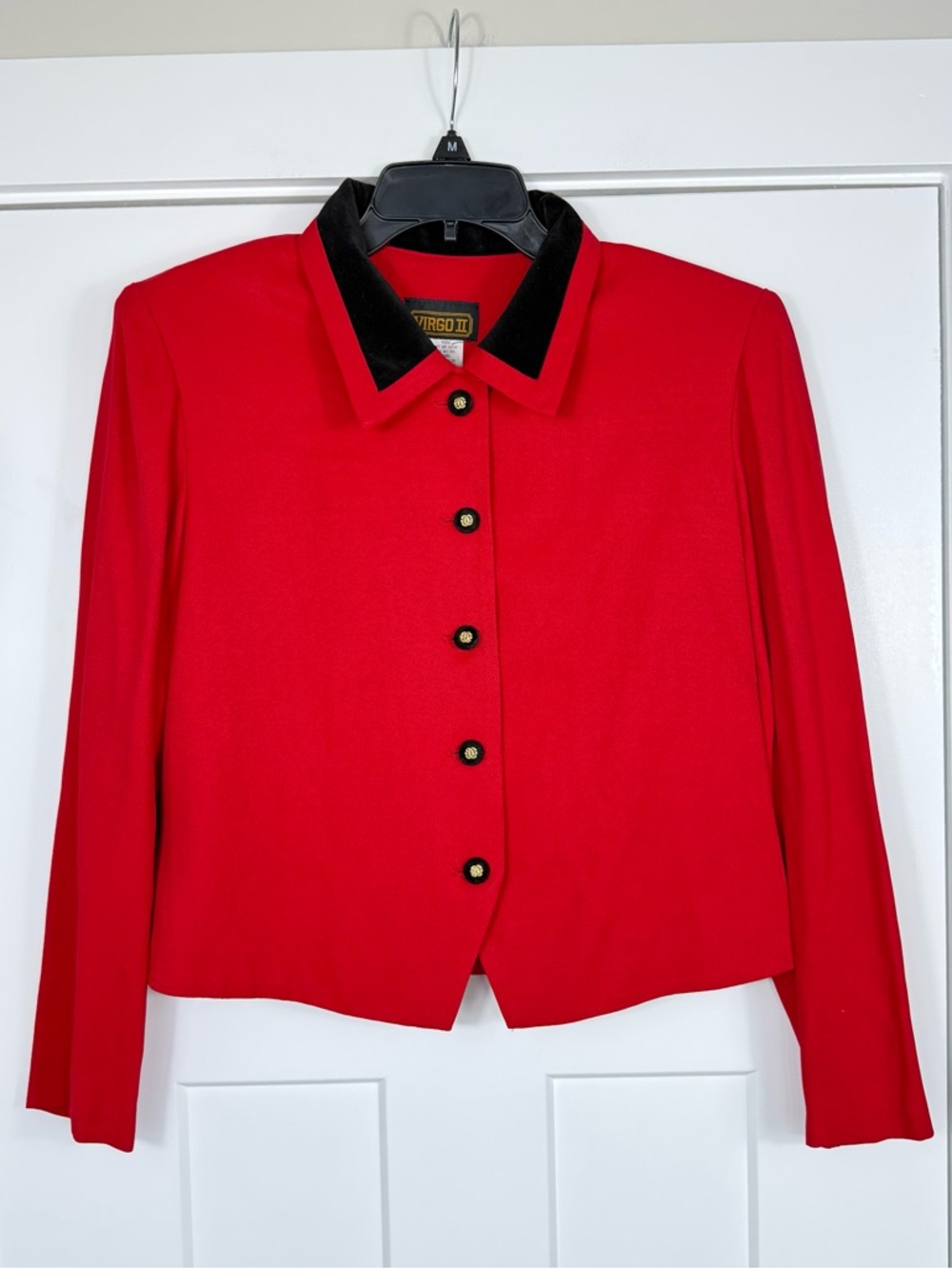 Vintage Virgo II Red Blazer Black Velvet Collar Gold Buttons Made in USA Size 12